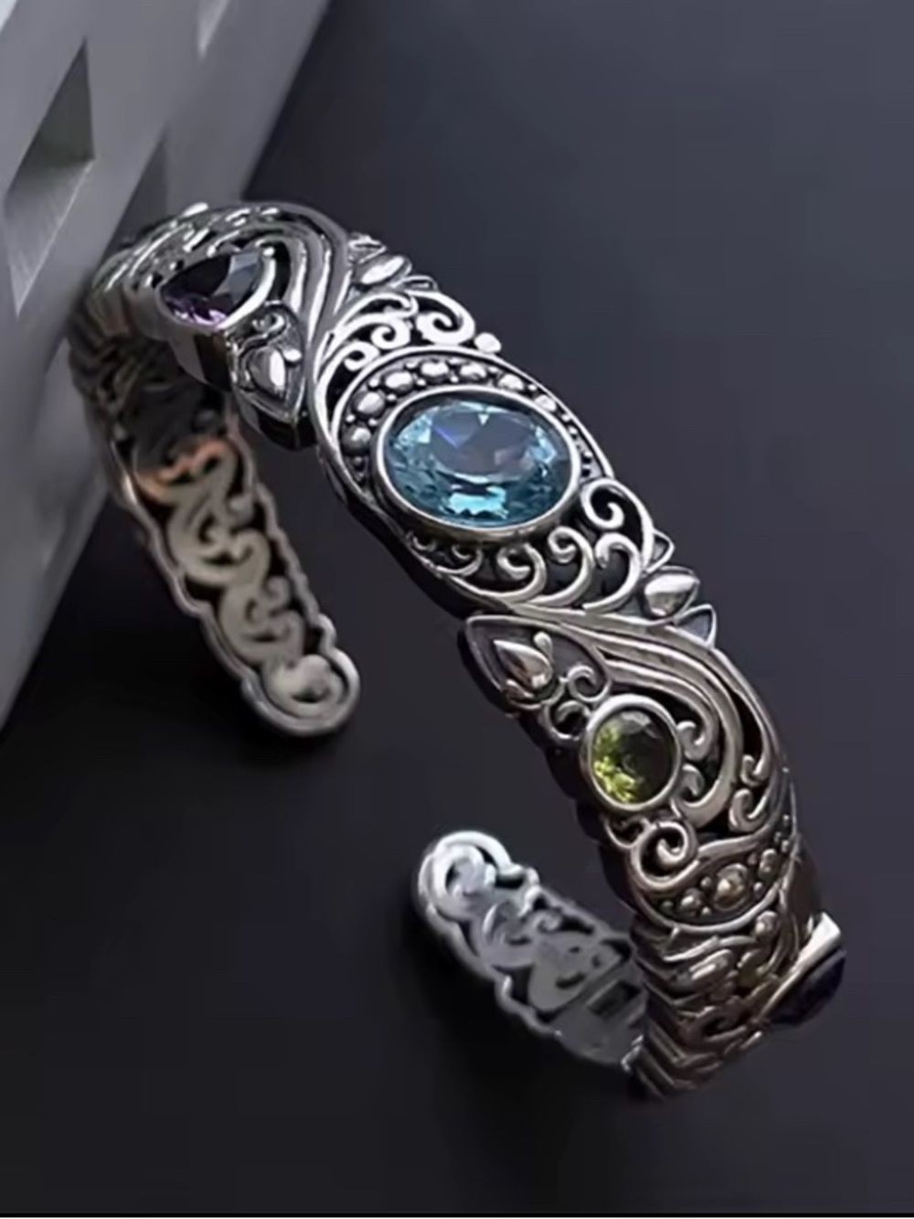 Silver color Multistone Filigree Cuff Bracelet - Blue, Green, Purple